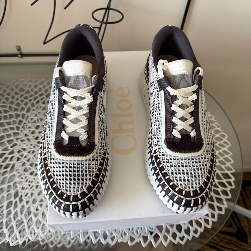 Chloe Nama Woven Stitch-Trim Platform Sneaker Size 38 White Black & Brown NIB - Picture 13 of 17